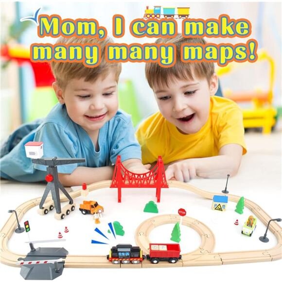 Wooden Train Set, 56-Piece Deluxe Kids Toy Train Set for 2 3 4 5 Year - Picture 2 of 7